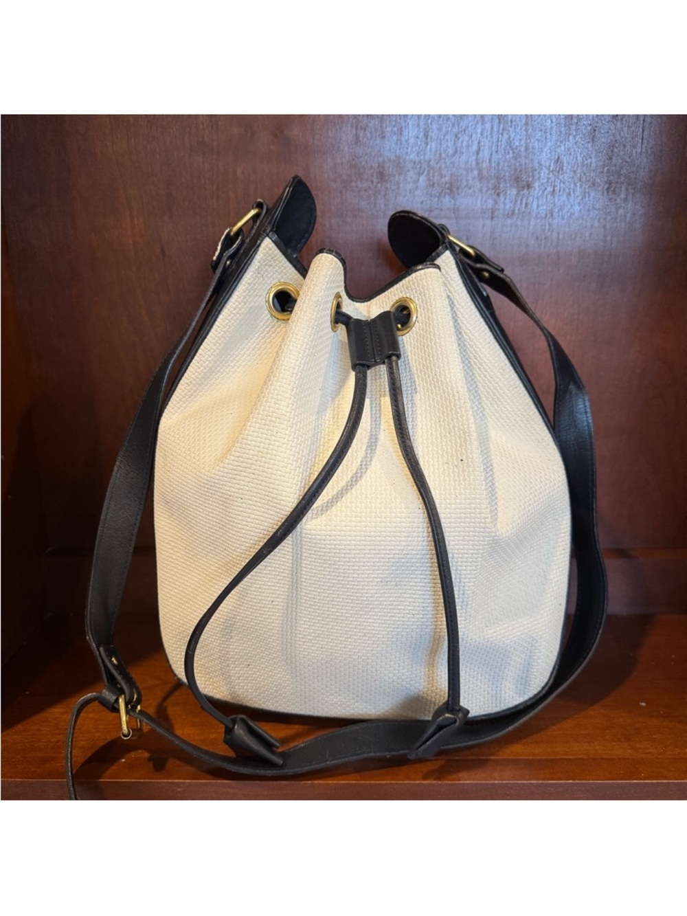 Yves Saint Laurent Drawstring Shoulder Bag PVC White Navy